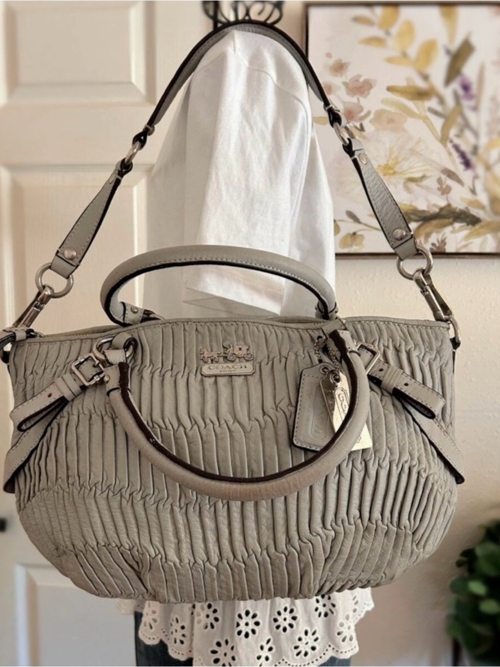 Coach Light Gray Gathered Leather Shoulder Satchel